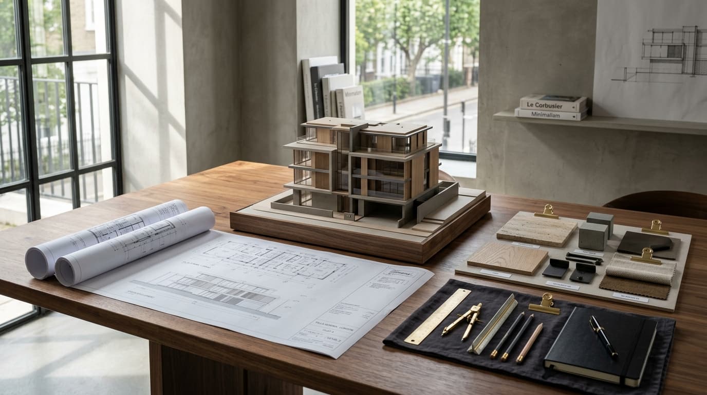 Architectural development scale model and project management blueprints